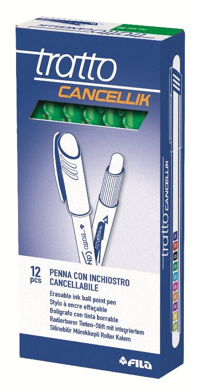 TRATTO Penna a Sfera Cancellabile Cancellik Verde - Punta 1,0mm - Confezione da 12 Pezzi - Inchiostro Permanente dopo 24h - Doppia Gomma