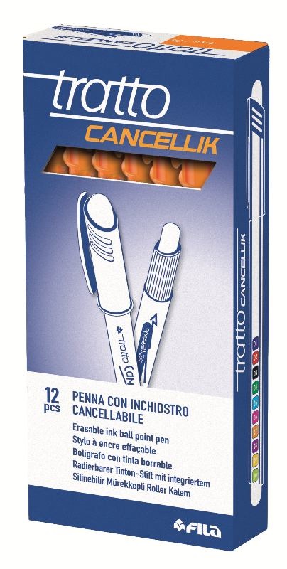 FILA Penna a Sfera Cancellabile Tratto Cancellik Arancione - Diametro Punta 1 mm - Doppia Gomma e Design Innovativo - Confezione da 12 Pezzi