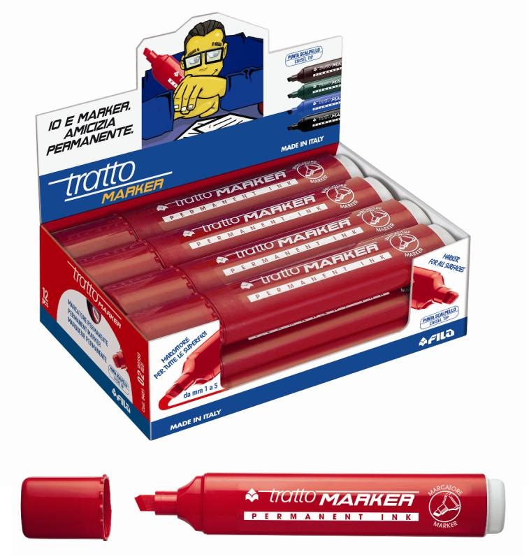 FILA TRATTO Marker Marcatore Permanente Rosso Punta a Scalpello 1-5 mm - Espositore da 12 Pezzi