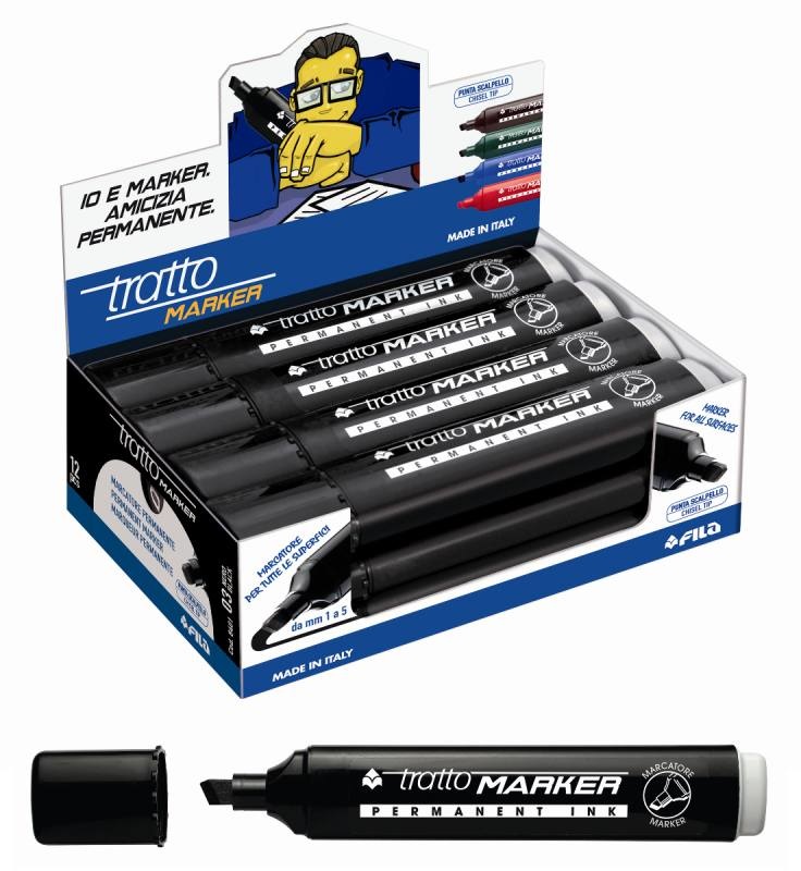 FILA Tratto Marker Marcatore Permanente Punta a Scalpello Nero 1-5 mm - Confezione da 12 Pezzi