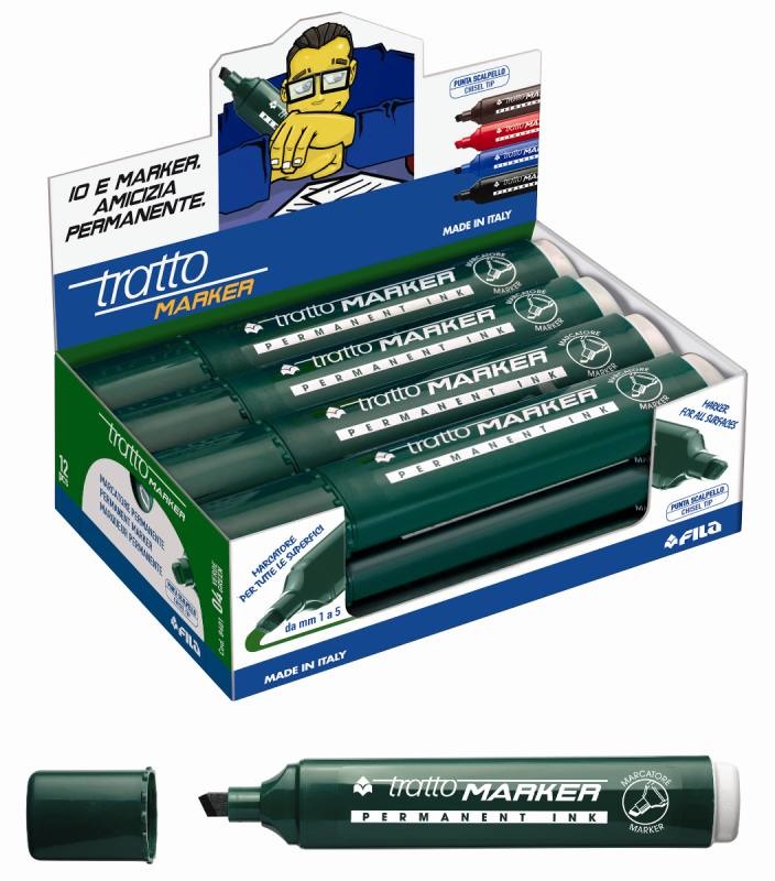 FILA Marcatore Permanente TRATTO Marker Punta a Scalpello Verde 1-5 mm - Espositore da 12 Pezzi
