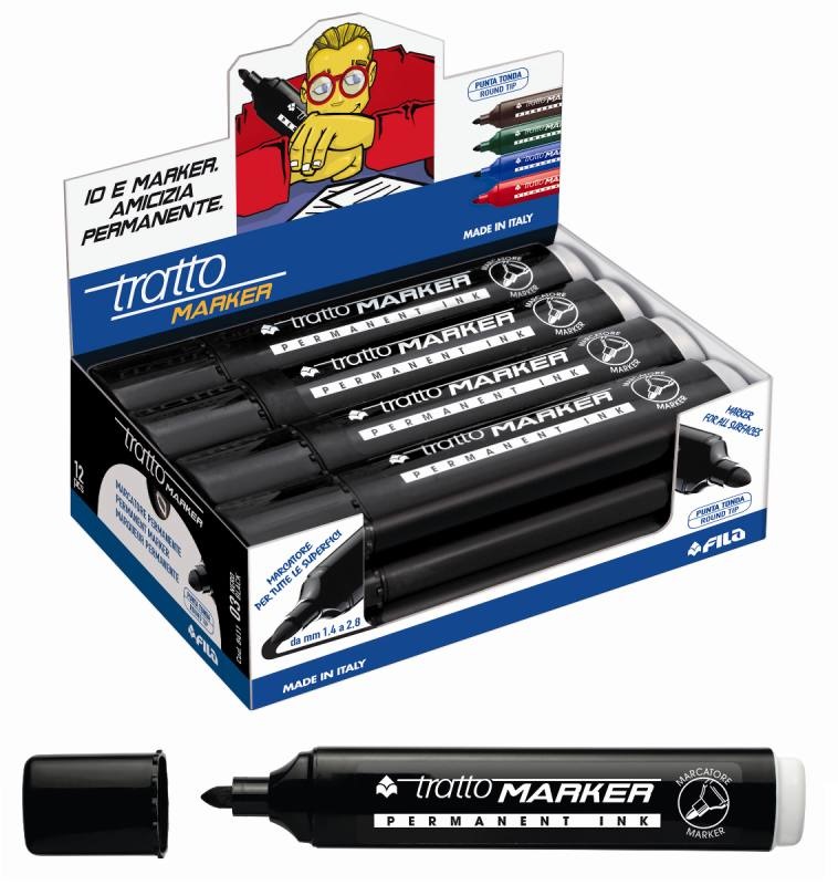 FILA TRATTO Marker - Marcatore Permanente a Punta Tonda 4,7 mm Nero, Inchiostro a Base d'Alcool, Confezione da 12 Pezzi