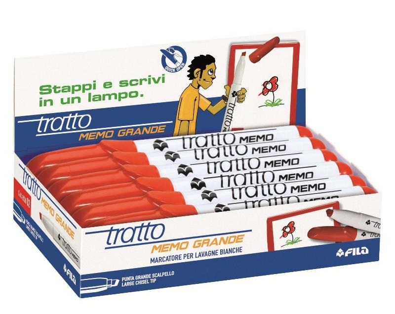 Tratto Pennarello a Secco Memo Rosso con Punta Scalpello 6,5 mm per Lavagne Cancellabili - Confezione da 12 Pezzi