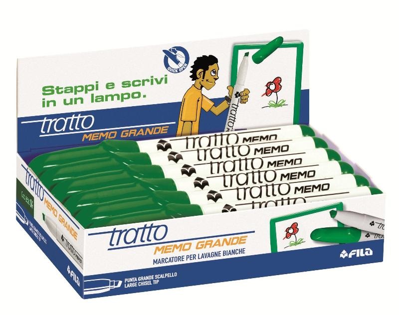 Tratto Pennarello a Secco Memo Verde Punta Scalpello 6,5 mm per Lavagne Cancellabili - Confezione da 12 Pezzi