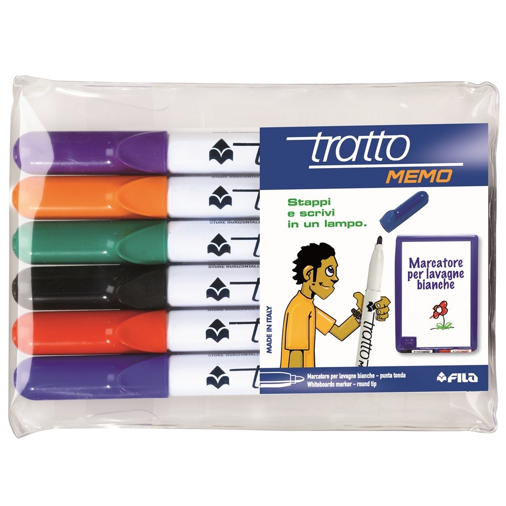 Tratto Memo Marcatore per Lavagna Punta Tonda 2,5mm - Busta 6 Colori Assortiti - Inchiostro Cancellabile a Secco