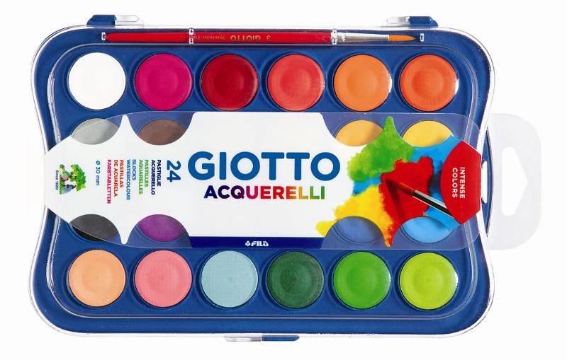GIOTTO Acquerelli Pastiglie Ø 30 mm - Set da 24 Colori Assortiti 1 Pennello - Colori Luminosi e Coprenti