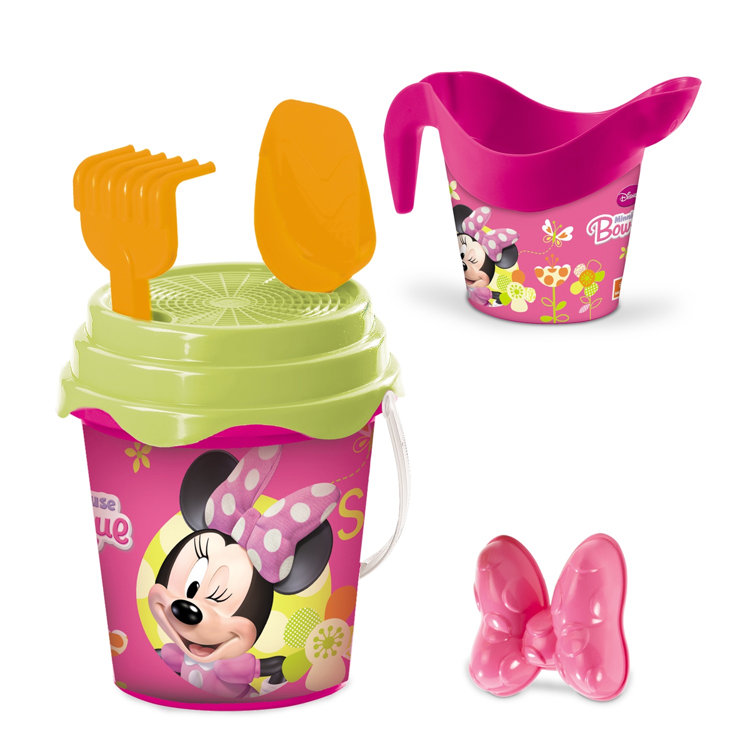 Mondo Toys Disney Minnie Bucket Set - Set Mare con Secchiello, Innaffiatoio, Paletta, Rastrello, Setaccio e Formina, Modello 18833