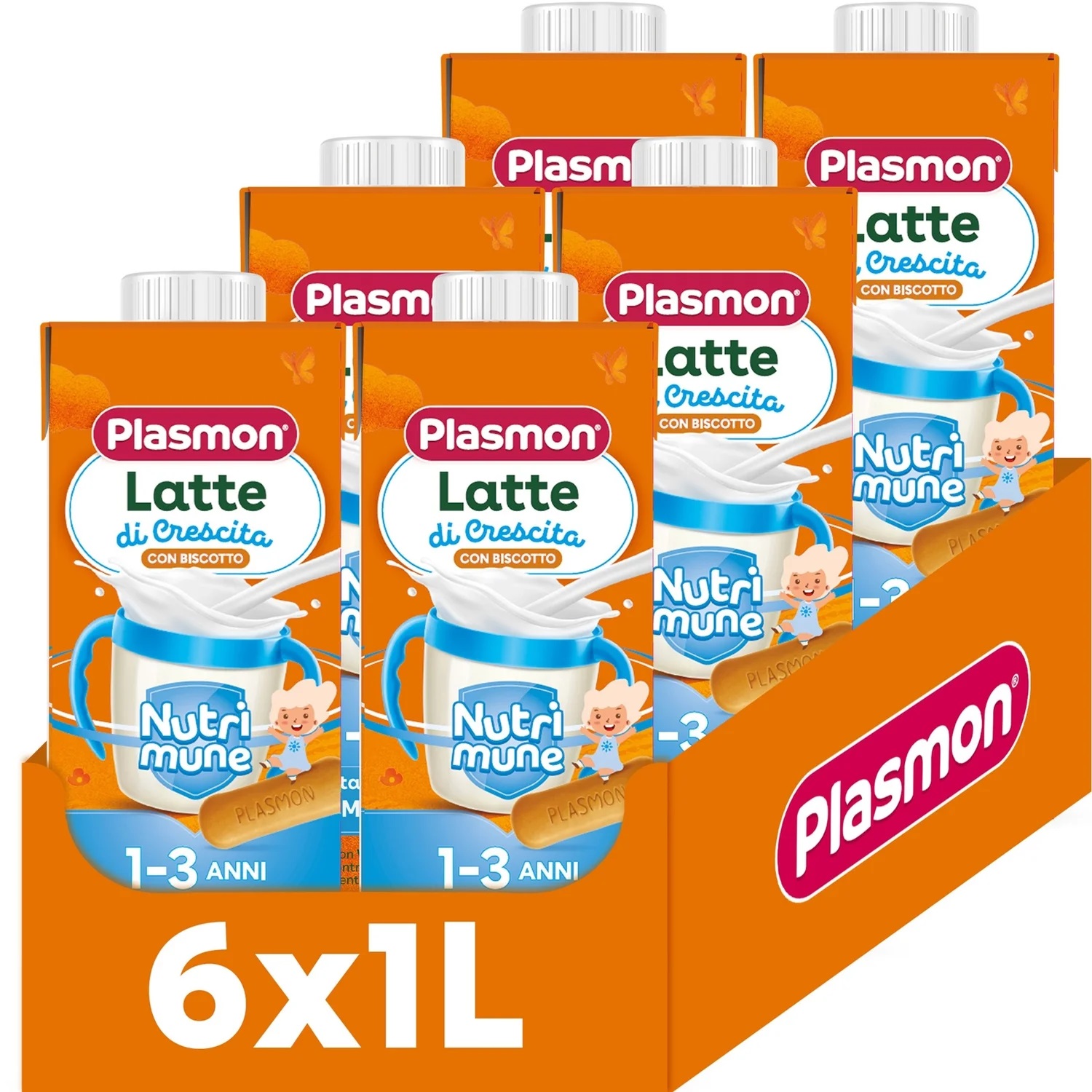 Plasmon Latte Liquido di Crescita con Biscotto 12-36 mesi - Confezione da 6 Brick da 1 Litro (6x1000 ml)