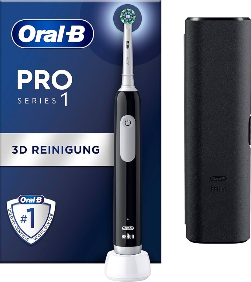 Oral-B Pro 1 Cross Action Spazzolino Elettrico Ricaricabile Nero con Testina di Ricambio e Custodia da Viaggio