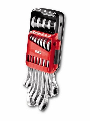 Usag 285 KA/DS12 - Serie di 12 Chiavi Combinate a Cricchetto con Anello di Tenuta, Misure 7-19 mm, Supporto in Plastica, Multicolore