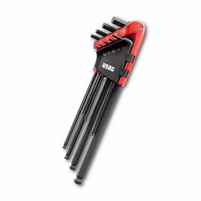 Usag 280 XLTS/S9 Set di chiavi esagonali a L extra-lunghe a testa sferica - 9 pz, Misure: 1.5-10 mm, Inclinazione fino a 25°