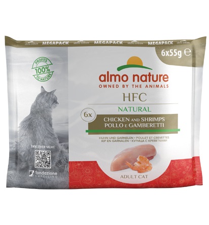 Almo Nature HFC Cibo Umido per Gatti - Pollo e Gamberetti - Multipack 6 x 55 g - 100% Naturale e Senza Glutine