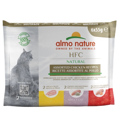 Almo Nature HFC Natural Cibo Umido per Gatti Adulti - Multipack 6 x 55 g - Ricette Assortite al Pollo, 100% Naturale e Senza Conservanti