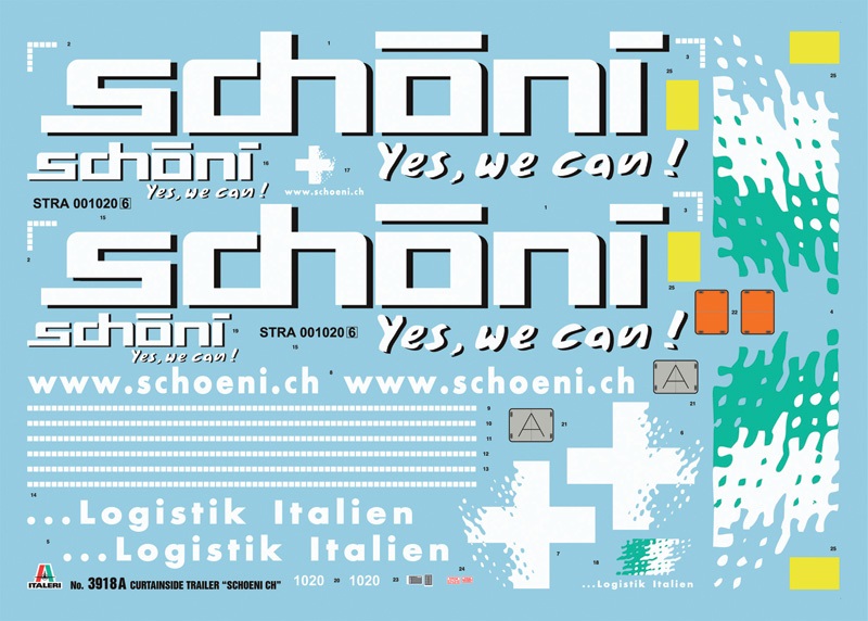 Italeri 3918 Curtainside Trailer 'Schoeni.Ch' Modellino Semirimorchio Kit di Montaggio 1:24 con Istruzioni e Decals