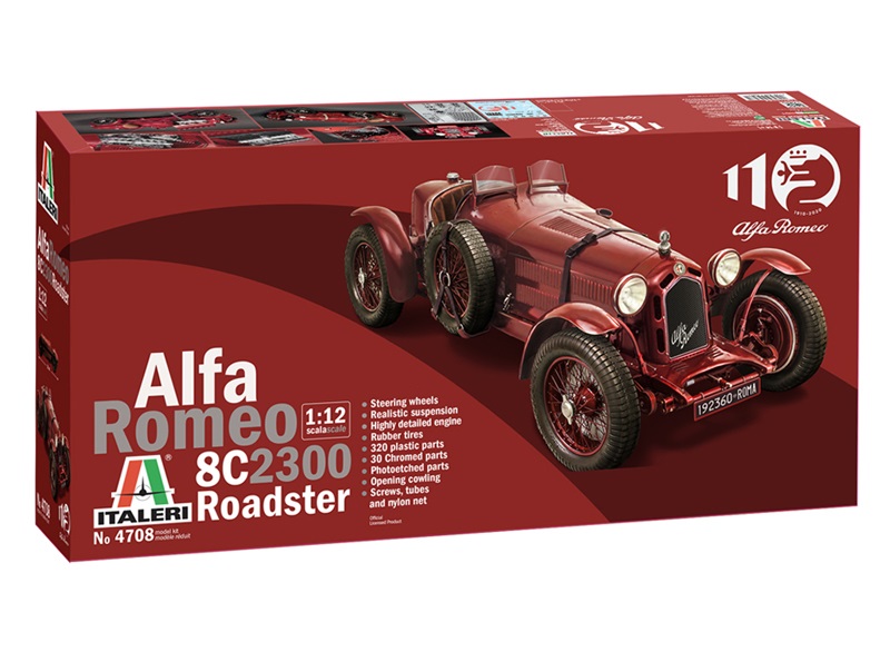 Italeri Alfa Romeo 8C 2300 Roadster Modellino in Plastica da Montare Scala 1:12 - Colore Rosso, 320 Parti, Ruote Sterzanti e Sospensioni Realistiche