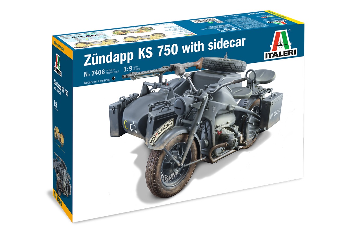 Italeri Zundapp KS 750 con Sidecar Model Kit 1:9 - Plastica da Assemblare e Pitturare, Seconda Guerra Mondiale, Colore Grigio, Super decal per 4 versioni