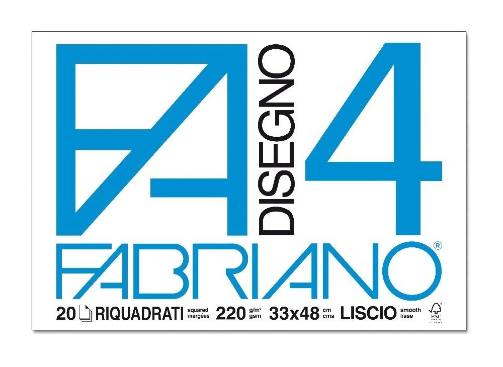 Fabriano Album da Disegno F4 33x48 cm 220 g/m² 20 Fogli Liscio Riquadrato con 4 Angoli