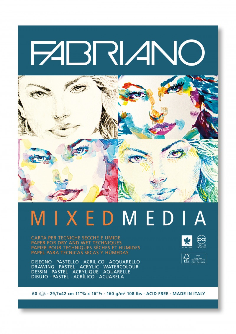 Fabriano Mixed Media Blocco di Carta A3 - 60 Fogli - 160 g/m² - Senza Acidi, Grana Naturale, Adatto per Tecniche Miste