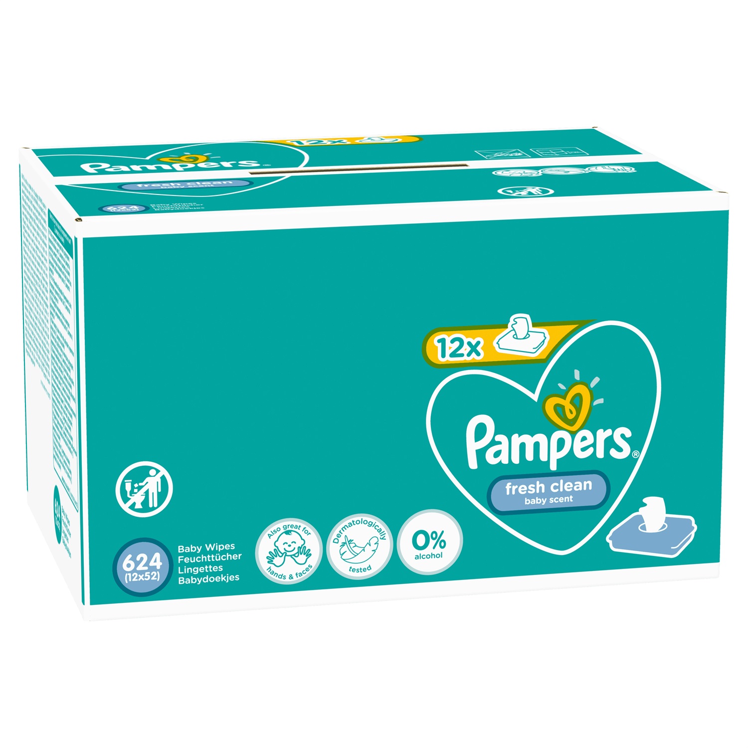 Pampers Fresh Clean Salviettine Umidificate per Bambini - 624 pz (12 x 52 pezzi), Profumo Delicato, Adatte per Mani e Viso