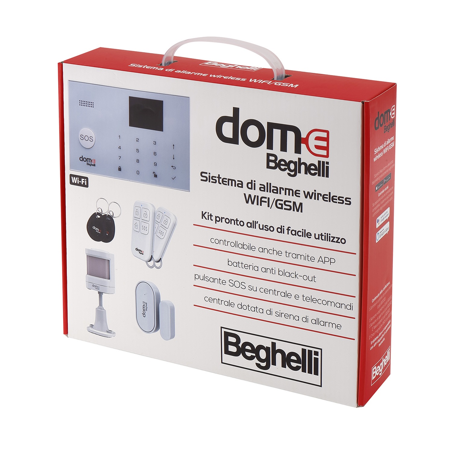 Beghelli Dom-e Kit Antitrusione - Sistema di Allarme Wireless Wi-Fi/GSM con Batteria Anti Black-Out, Pulsante SOS, Compatibile Alexa e Google Home, Controllo via App, Bianco