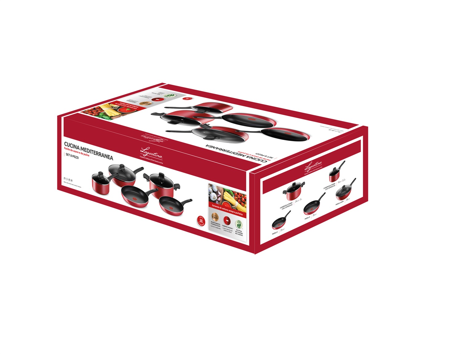 Lagostina Cucina Mediterranea Set di Padelle Antiaderenti in Alluminio, 8 Pezzi, Compatibile con Induzione, Gas e Forno, con Indicatore Cottura Thermo-Signal e Manici Ergonomici in Bakelite