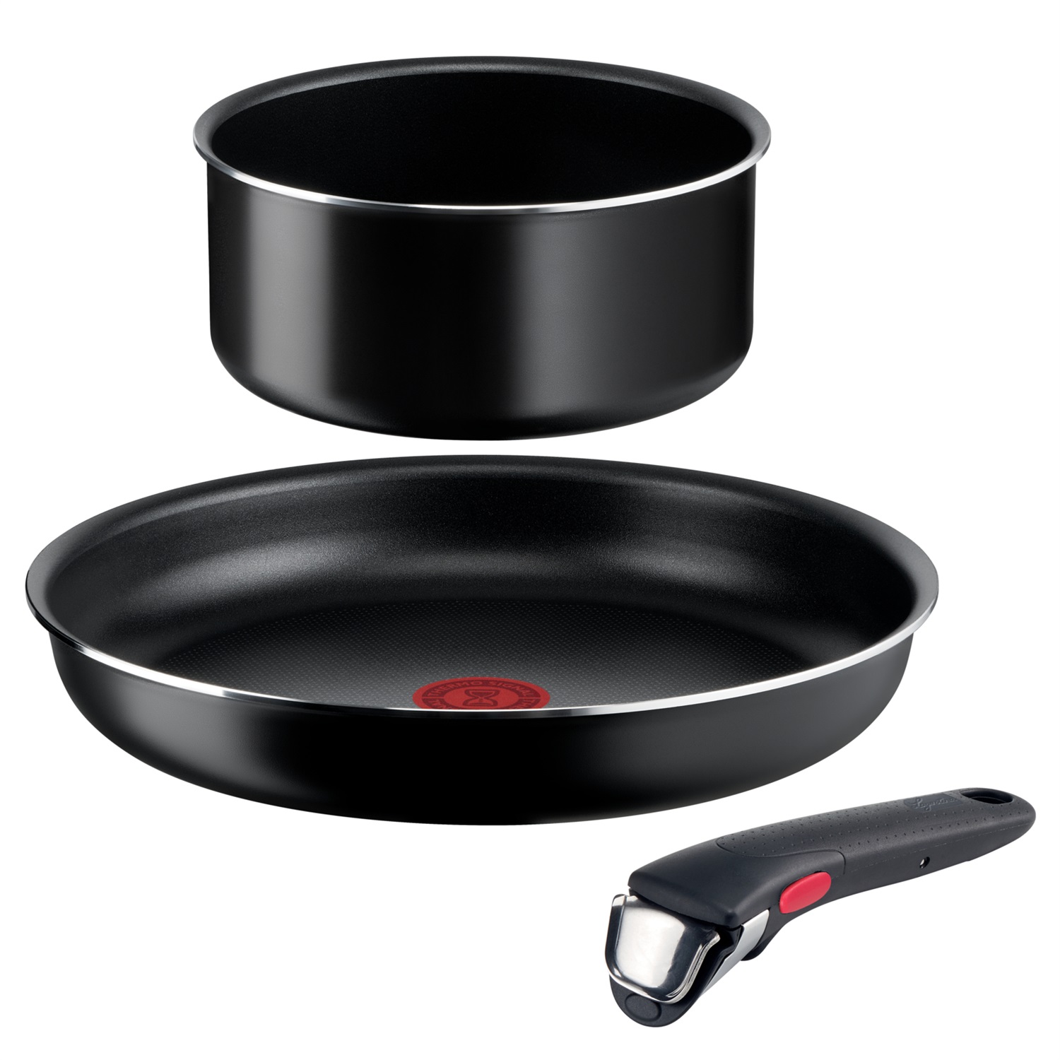 Lagostina Ingenio Easy Start Set di Pentole 3 Pezzi - Padella 26 cm, Casseruola 16 cm, Manico Removibile, Antiaderente in Alluminio e Titanio, Nero, con Tecnologia Thermosignal