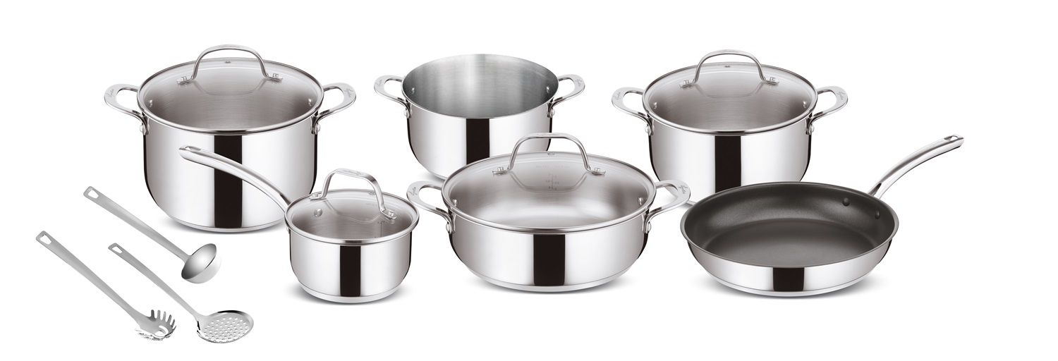 Lagostina Evelia Set di Pentole Induzione, Gas e Forno in Acciaio Inox 18/10 - 13 Pezzi con Casseruole, Pentola, Padella Antiaderente e Accessori