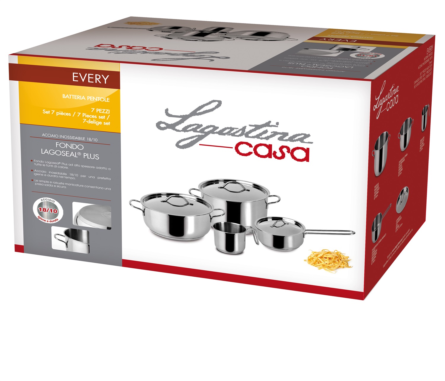 Lagostina Every Set di Pentole in Acciaio Inox - 7 Pezzi: Pentola 18 cm, Casseruola 22 cm, Bollilatte 12 cm, Casseruola 14 cm e Coperchi