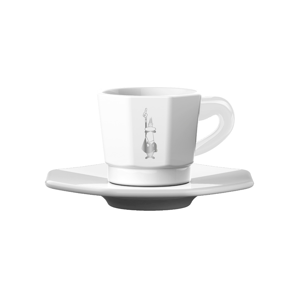 Bialetti Set 4 Tazzine Ottagonali da Caffè in Porcellana Bianco e Silver, 75 ml