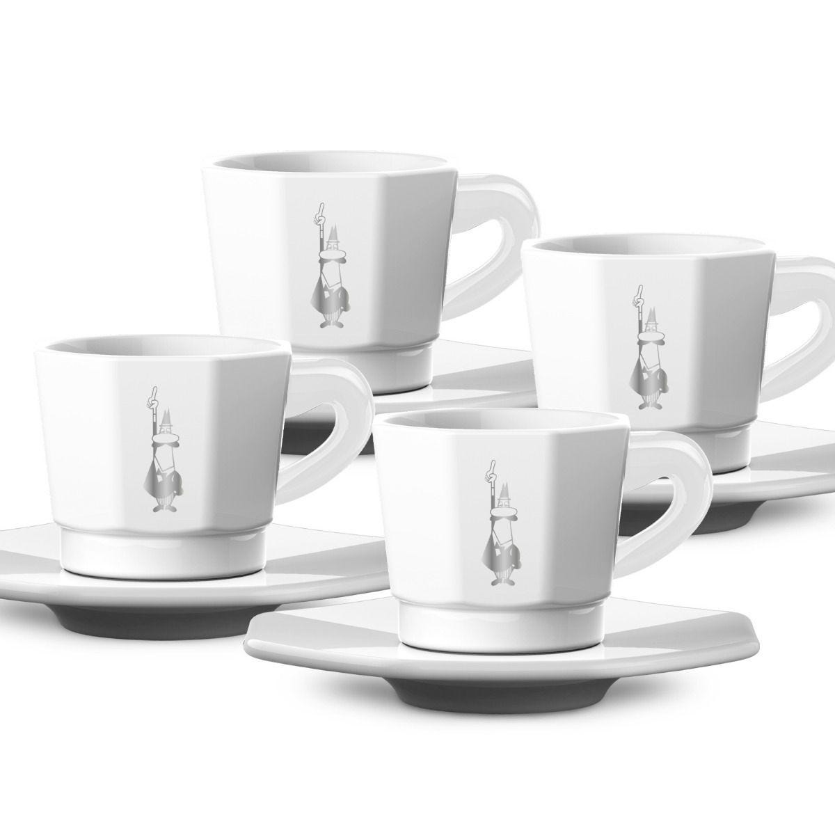 Bialetti Set 4 Tazzine Ottagonali da Caffè in Porcellana Bianco e Silver, 75 ml