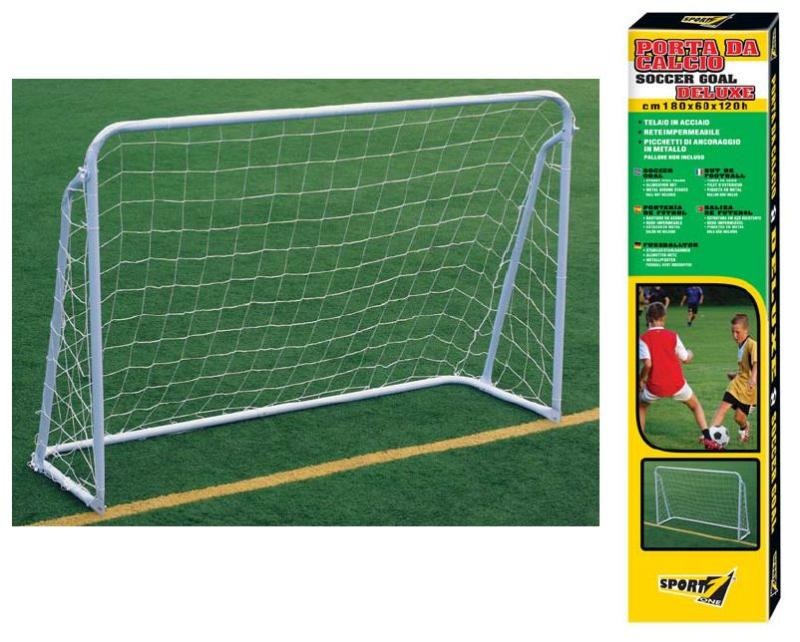 Sport1 Porta Calcio Deluxe in Metallo - 180 x 60 x 120 cm, Rete Impermeabile e Picchetti di Ancoraggio