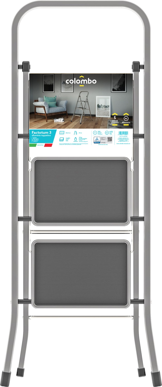 Colombo Sgabello Factotum in Alluminio 2 Gradini Argento con Tappetino Antiscivolo - Portata Massima 150 kg