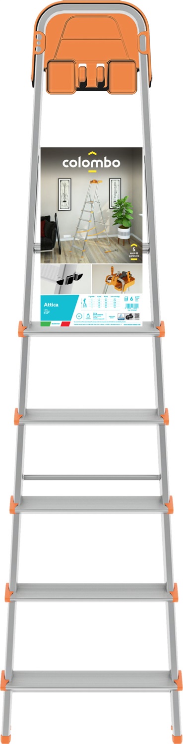 Colombo Scala ATTICA in Alluminio con 8 Gradini, Vaschetta Portaoggetti Ribaltabile, Piedini e Gradini Antiscivolo, Certificata EN131, Portata 150kg, Made in Italy