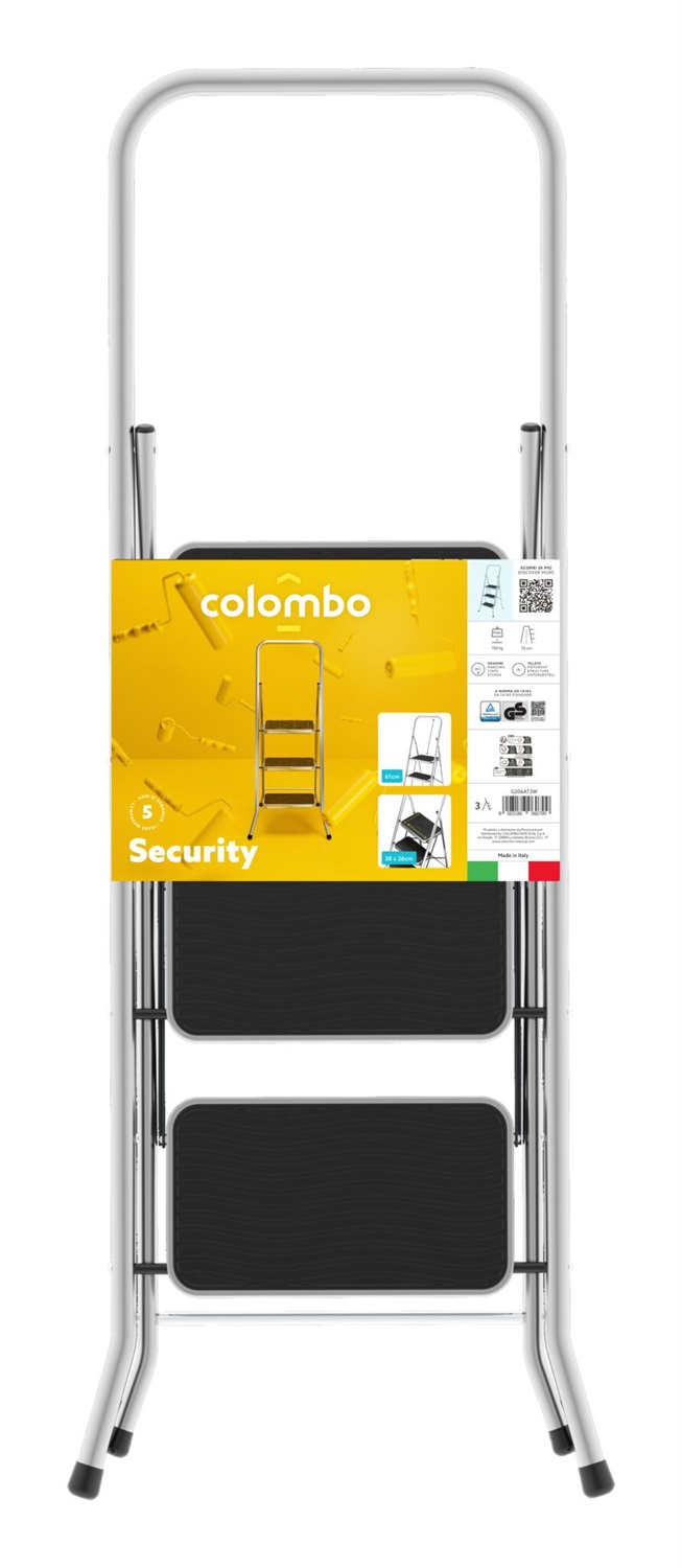 Colombo Sgabello Security 3 Gradini XL in Alluminio e Acciaio con Maniglione di Sicurezza e Tappetino Antiscivolo, Portata Max 150kg