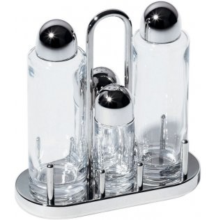 Alessi 5070 - Set Portacondimenti per Olio, Aceto, Sale e Pepe in Acciaio Inox 18/10 e Vetro Cristallino, Design Ettore Sottsass