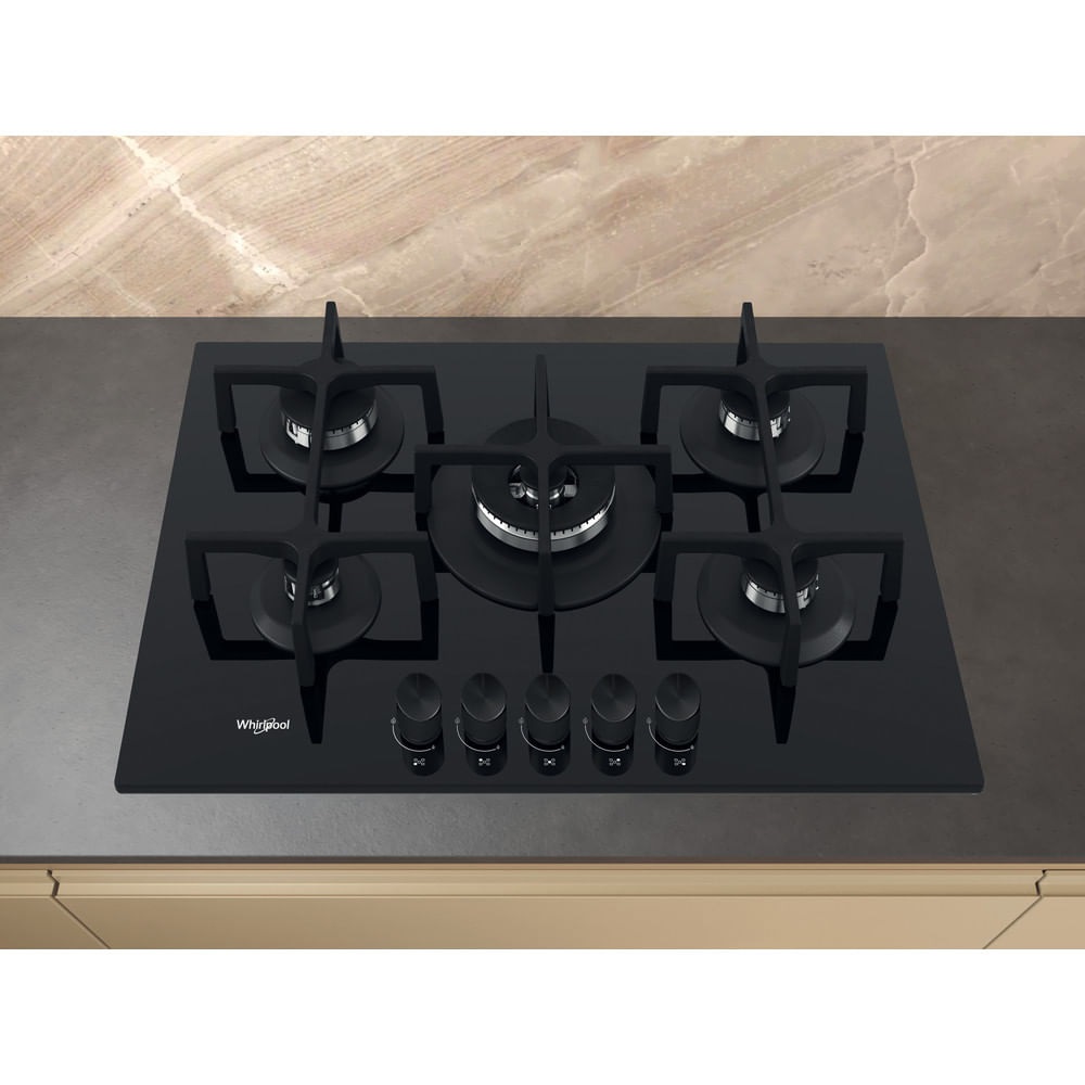Whirlpool GOA 7523/NB1 Piano Cottura a Gas 73 cm, 5 Fuochi, Vetro Nero, Da Incasso