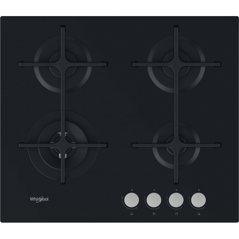Whirlpool GOA 6423/NB - Piano Cottura a Gas 60 cm con 4 Fuochi, Vetro Nero, Doppia Corona 3500W, Griglie in Ghisa e Comandi Frontali