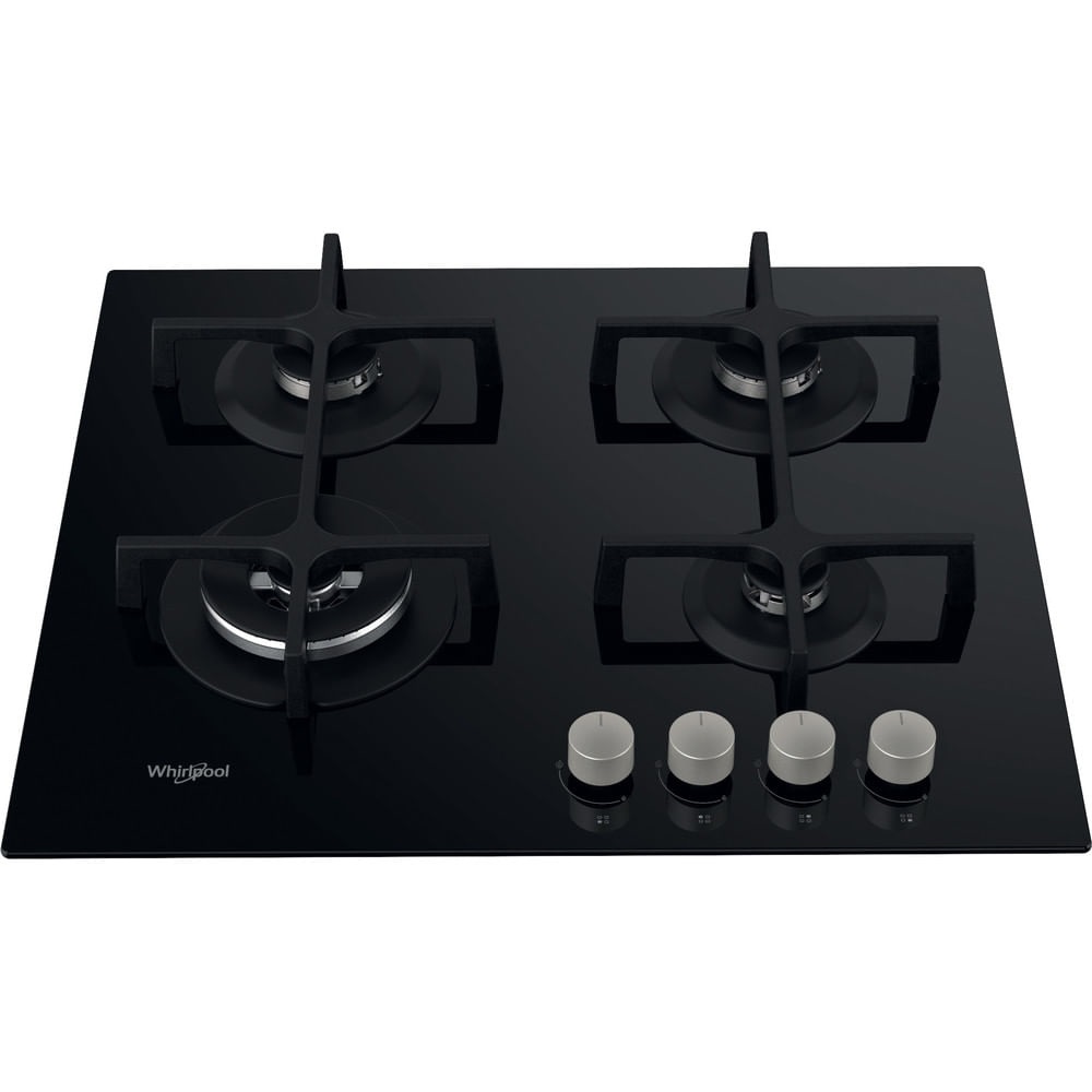 Whirlpool GOA 6423/NB - Piano Cottura a Gas 60 cm con 4 Fuochi, Vetro Nero, Doppia Corona 3500W, Griglie in Ghisa e Comandi Frontali