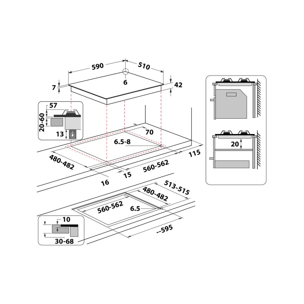Whirlpool GOA 6423/NB - Piano Cottura a Gas 60 cm con 4 Fuochi, Vetro Nero, Doppia Corona 3500W, Griglie in Ghisa e Comandi Frontali