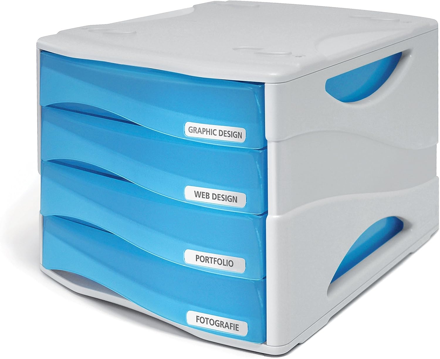 Arda Cassettiera 4 Cassetti Smile in Polistirolo Antiurto - Design Moderno e Funzionale, Grigio/Azzurro