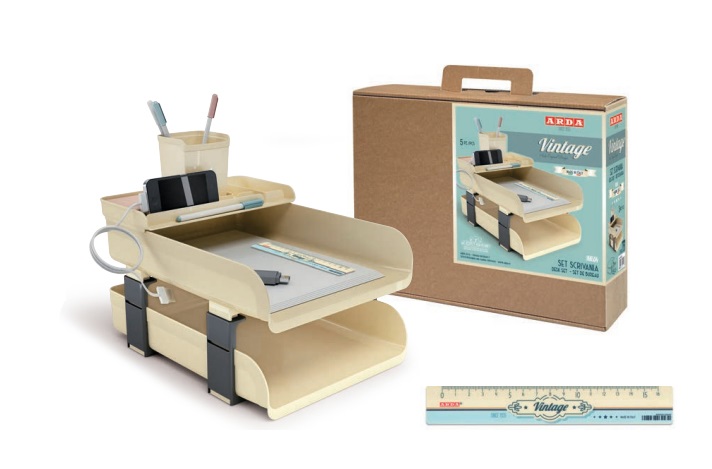 ARDA Set scrivania Vintage Milk 5 pz - Colore avorio - 2 portacorrispondenza, 1 bacinella, 1 portapenne, 1 righello