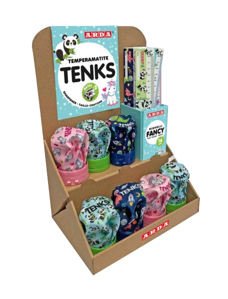 Arda Temperamatite Tenks Fancy con Serbatoio e 24 Righelli da 16 cm - Display da Banco, 48 Pezzi Assortiti