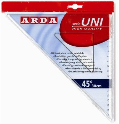 ARDA Squadra Uni 45° 30 cm in Plastica Termoresistente Fumé Ottico Trasparente con Graduazione Incisa a Caldo e Bordo Tirachina