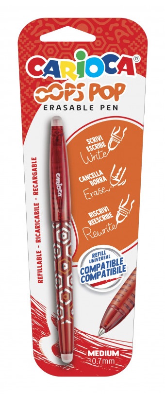 Carioca Oops Pop Penna Cancellabile Rosso Punta Media 0,7 mm con Inchiostro Termosensibile e Impugnatura Texturizzata