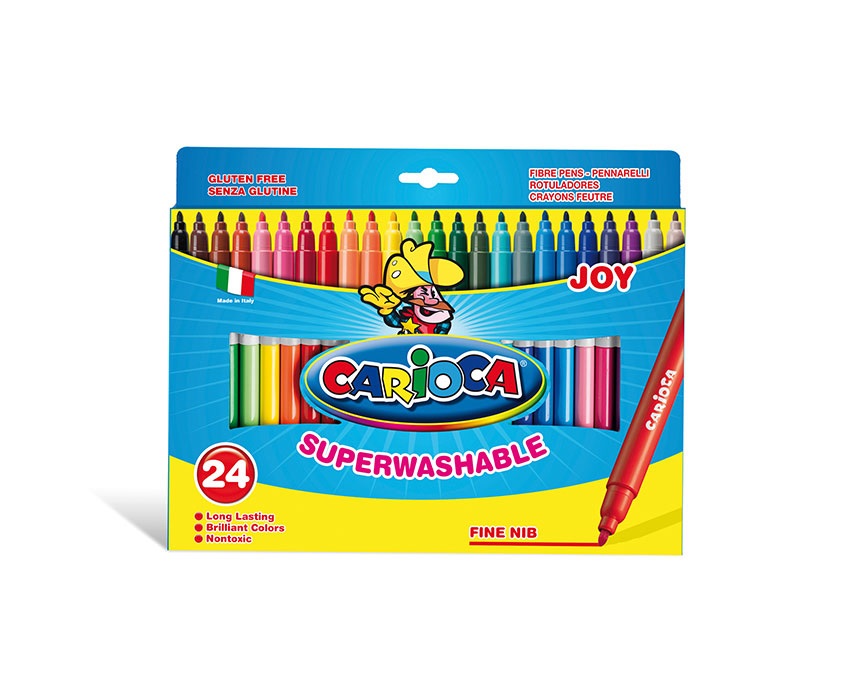Carioca Pennarelli Joy Superlavabili - Confezione da 24 Colori Assortiti, Punta Fine 2,6-2,8 mm, Inchiostro Atossico e Lavabile