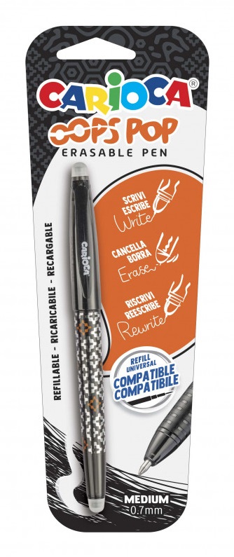 Carioca Oops Pop Penna Cancellabile Nero Punta Media 0,7 mm con Inchiostro Termosensibile e Impugnatura Texturizzata