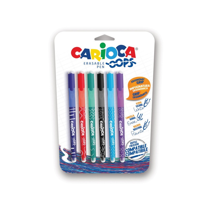 Carioca OOPS Penne Cancellabili Ricaricabili con Inchiostro Termosensibile 0,7 mm - Set da 6 Pezzi Assortiti con Impugnatura Ergonomica e Doppia Gomma