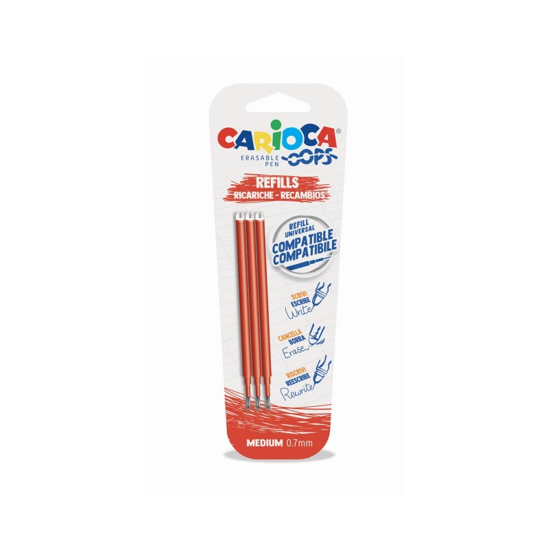 Carioca OOPS Ricariche Penna Cancellabile Rossa 0,7 mm - Blister da 3 Pezzi