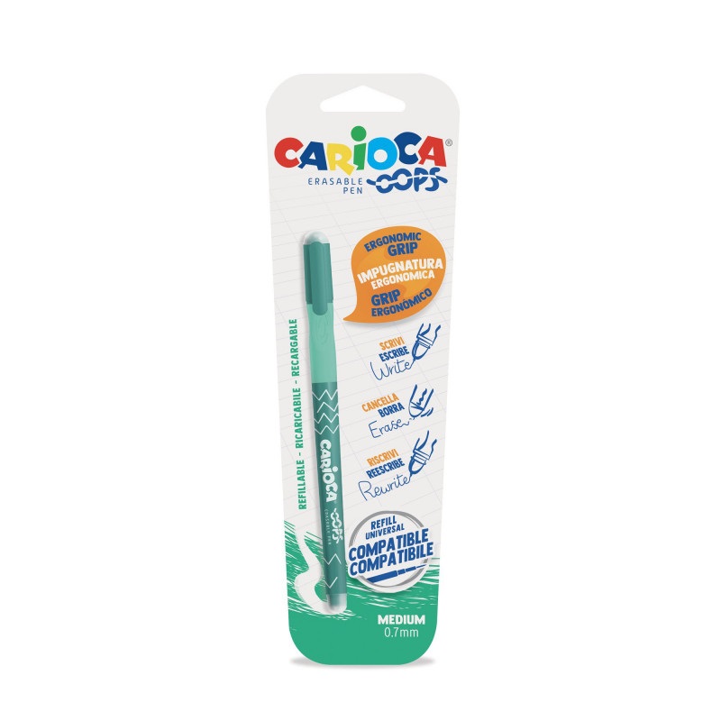 Carioca Oops Penna Cancellabile Verde con Inchiostro Termosensibile, Punta 0,7 mm, Impugnatura Ergonomica e Doppia Gomma