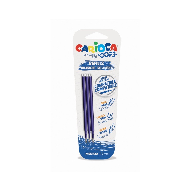 Carioca OOPS Ricariche Penna Cancellabile Blu, Inchiostro Termosensibile, Punta 0,7 mm, Blister da 3 Pezzi